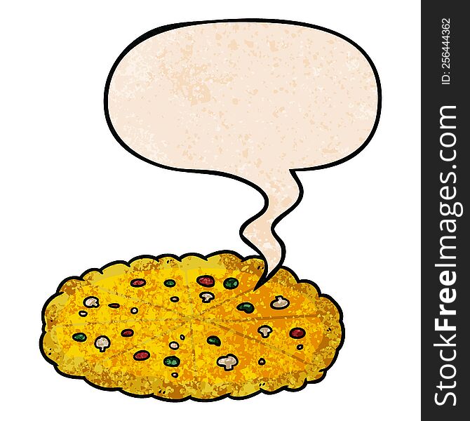 cartoon double cheese pizza and speech bubble in retro texture style