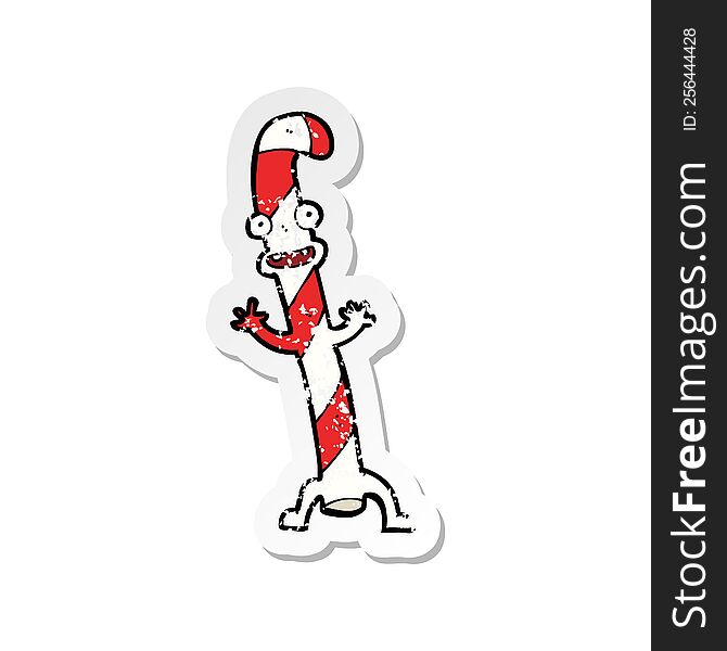 retro distressed sticker of a cartoon dancing christmas candy cane