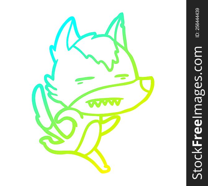 cold gradient line drawing of a cartoon wolf running showing teeth