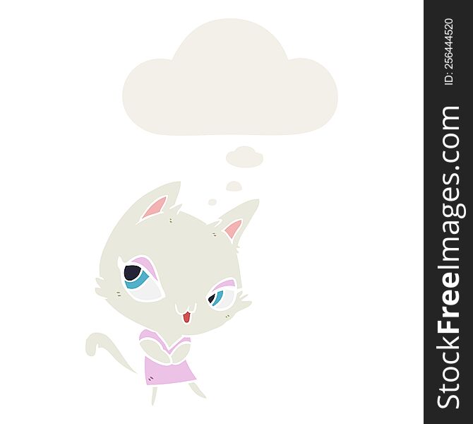 cartoon female cat with thought bubble in retro style