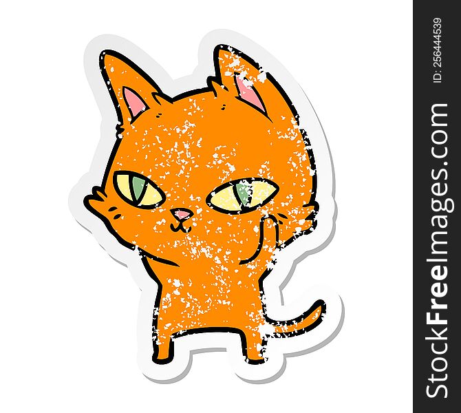 distressed sticker of a cartoon cat with bright eyes