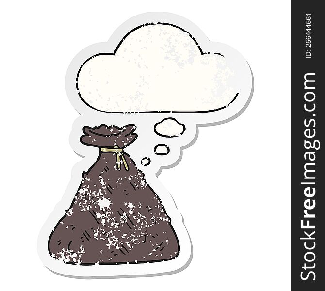 cartoon old hessian sack with thought bubble as a distressed worn sticker