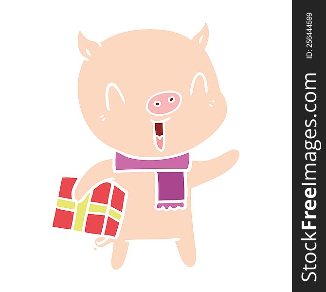 happy flat color style cartoon pig with xmas present