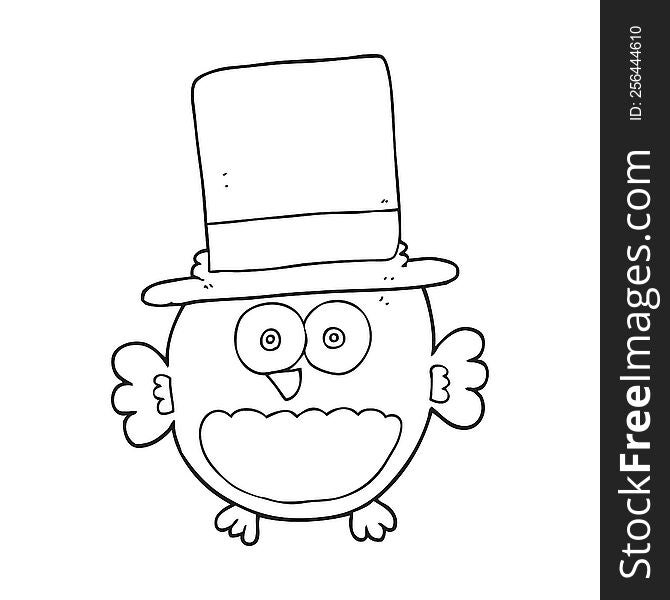 freehand drawn black and white cartoon owl in top hat