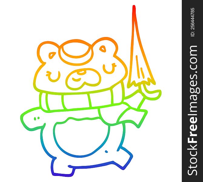 rainbow gradient line drawing of a cartoon bear with umbrella