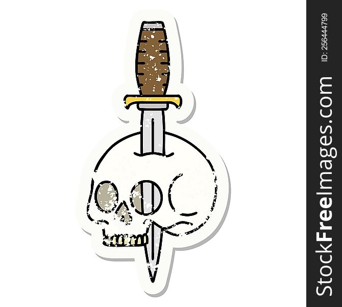 Traditional Distressed Sticker Tattoo Of A Skull And Dagger