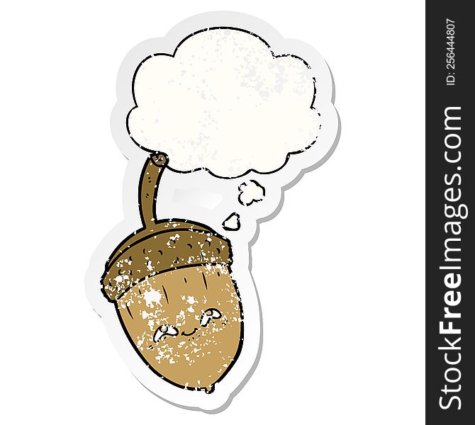 cartoon acorn with thought bubble as a distressed worn sticker