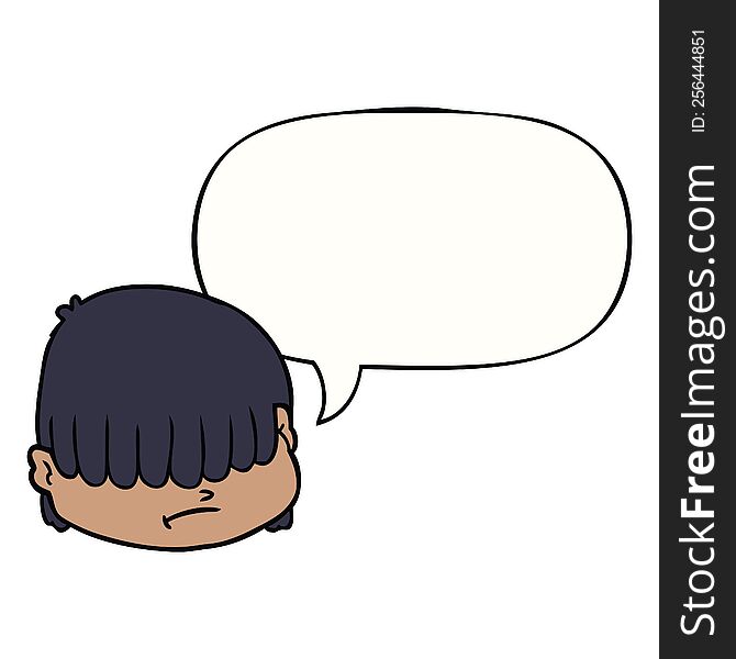 cartoon face with hair over eyes with speech bubble. cartoon face with hair over eyes with speech bubble