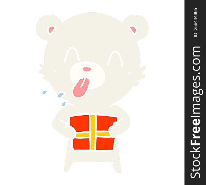 rude flat color style cartoon polar bear sticking out tongue with present