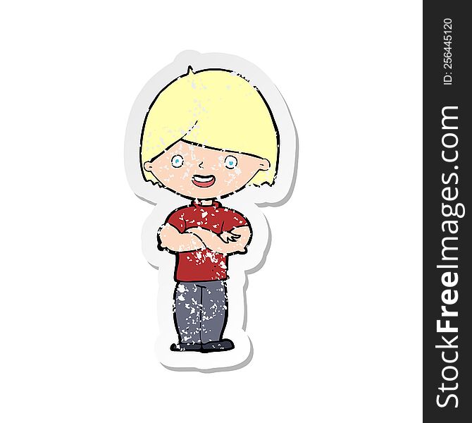 retro distressed sticker of a cartoon man with crossed arms