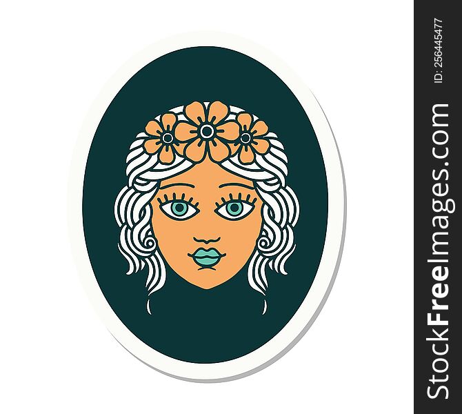 sticker of tattoo in traditional style of a maiden with crown of flowers. sticker of tattoo in traditional style of a maiden with crown of flowers