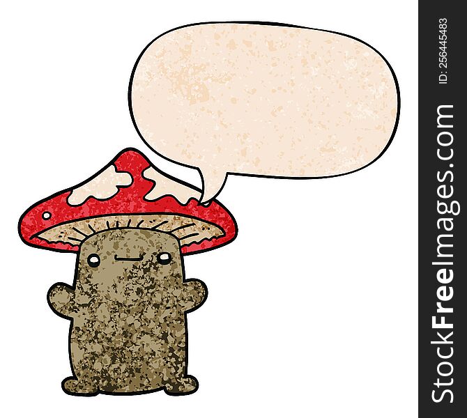 Cartoon Mushroom And Speech Bubble In Retro Texture Style