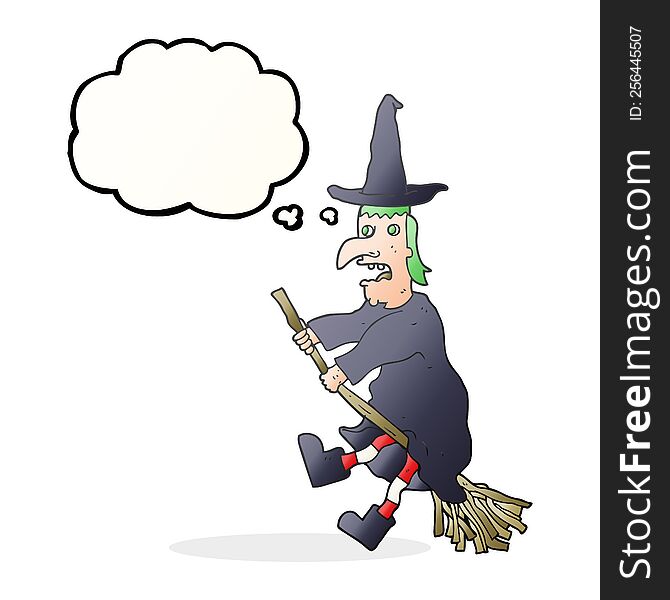 thought bubble cartoon witch flying on broom