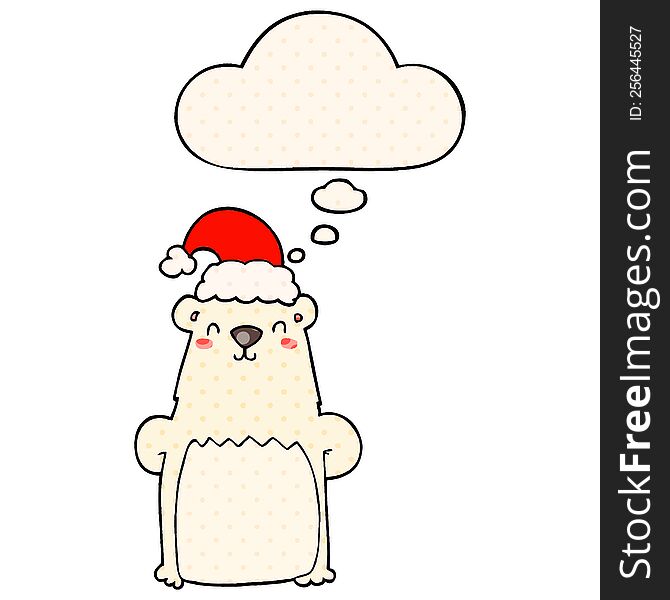 Cartoon Bear Wearing Christmas Hat And Thought Bubble In Comic Book Style