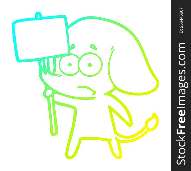 cold gradient line drawing of a cartoon unsure elephant with protest sign