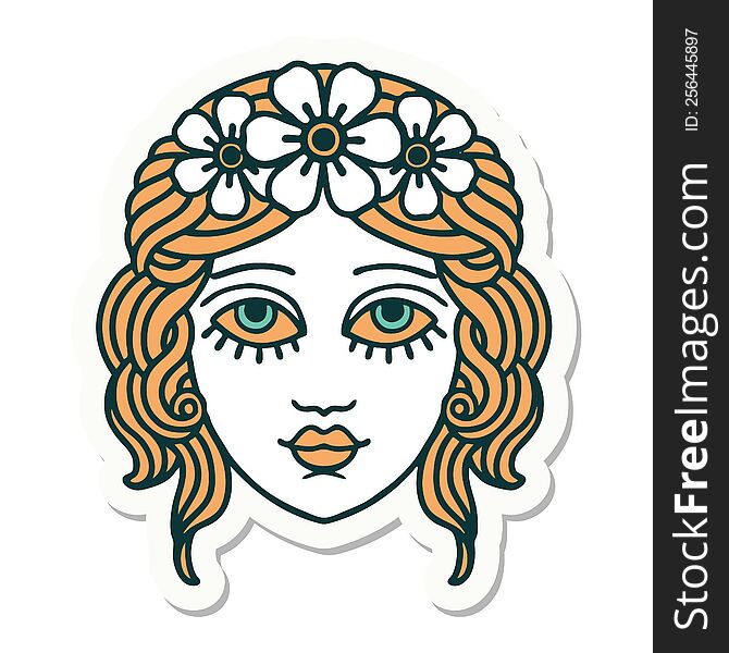 Tattoo Style Sticker Of Female Face With Crown Of Flowers