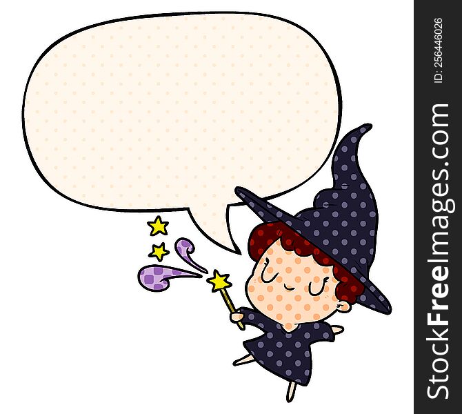 cute cartoon witch casting spell and speech bubble in comic book style