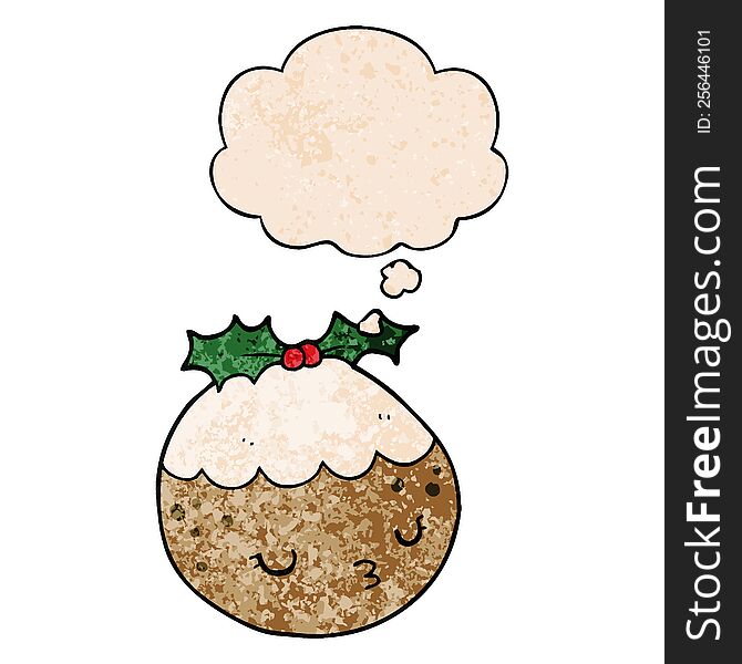 Cute Cartoon Christmas Pudding And Thought Bubble In Grunge Texture Pattern Style