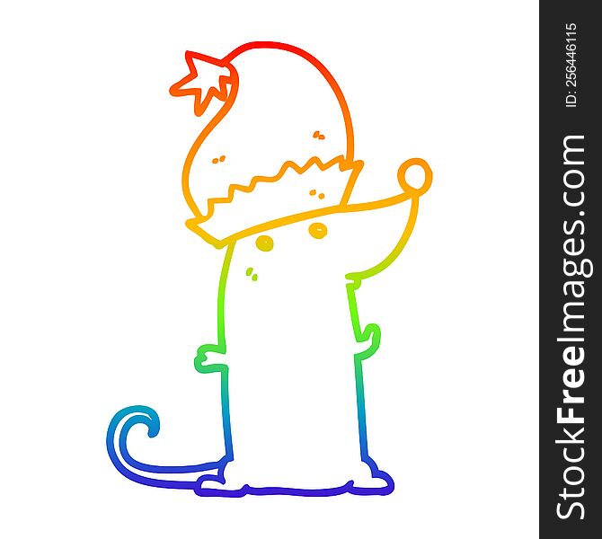 Rainbow Gradient Line Drawing Cartoon Rat Wearing Christmas Hat