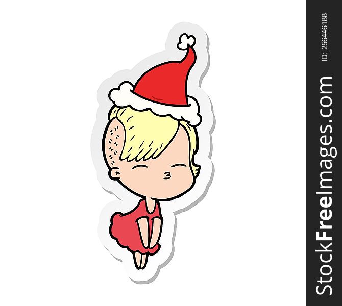 hand drawn sticker cartoon of a squinting girl in dress wearing santa hat