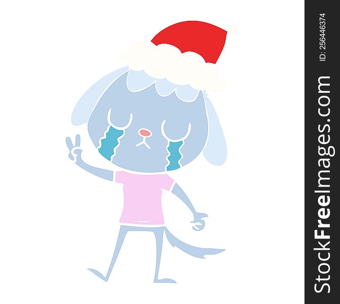 Cute Flat Color Illustration Of A Dog Crying Wearing Santa Hat