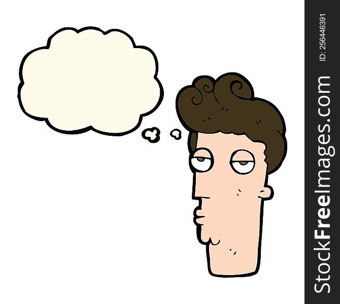 cartoon bored man\'s face with thought bubble