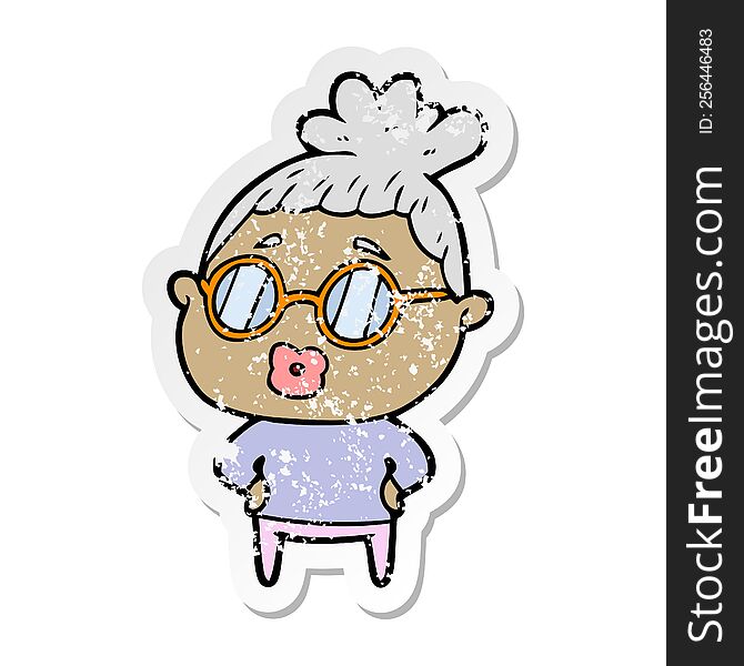 distressed sticker of a cartoon librarian woman wearing spectacles