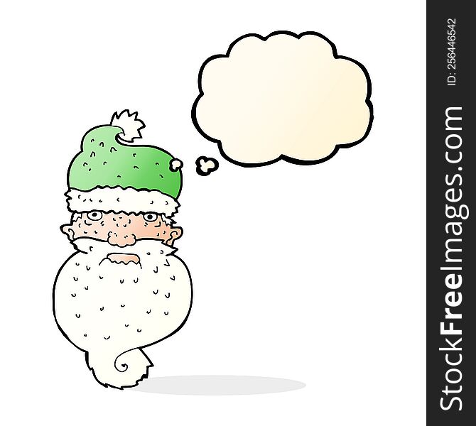 cartoon grim santa face with thought bubble