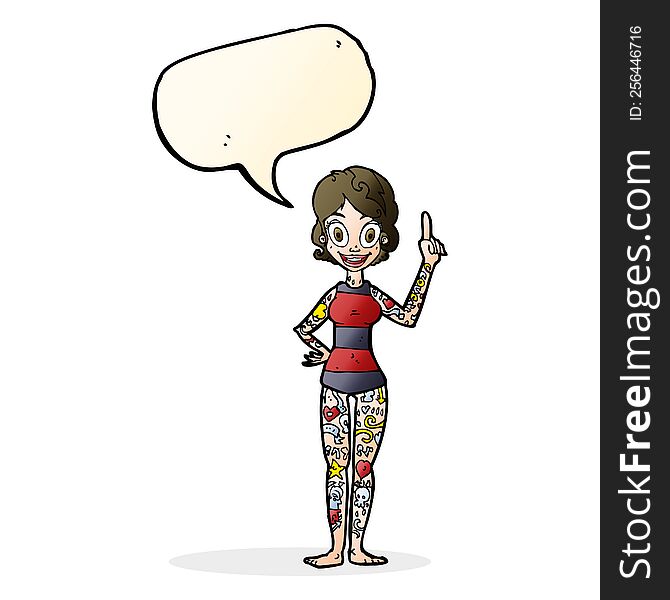 Cartoon Woman Covered In Tattoos With Speech Bubble