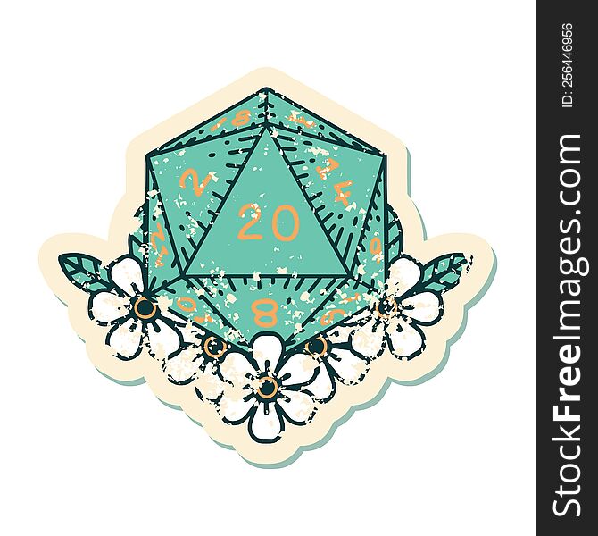 grunge sticker of a natural 20 D20 dice roll with floral elements. grunge sticker of a natural 20 D20 dice roll with floral elements