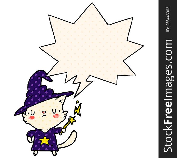 magical amazing cartoon cat wizard with speech bubble in comic book style