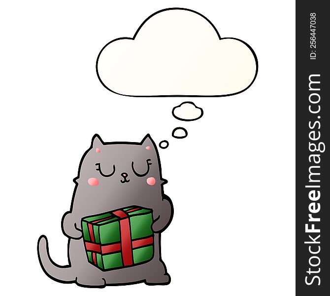 Cartoon Christmas Cat And Thought Bubble In Smooth Gradient Style
