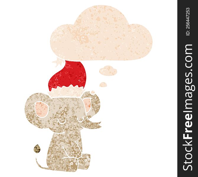 Cute Christmas Elephant And Thought Bubble In Retro Textured Style