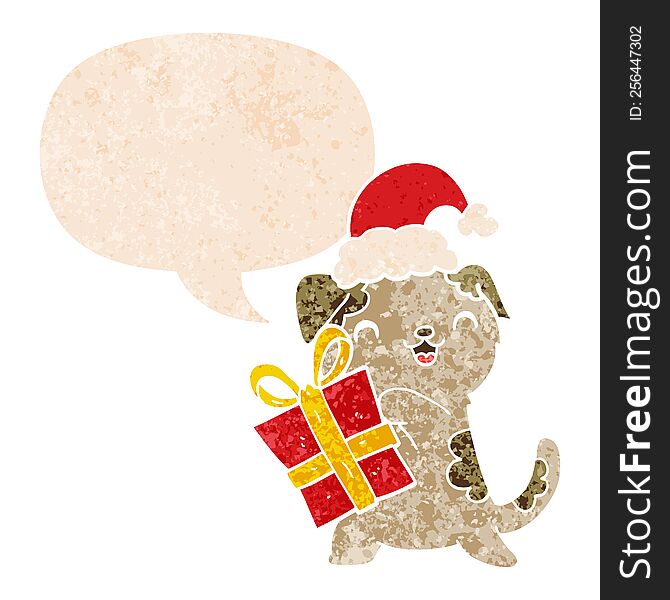 Cute Cartoon Puppy With Christmas Present And Hat And Speech Bubble In Retro Textured Style