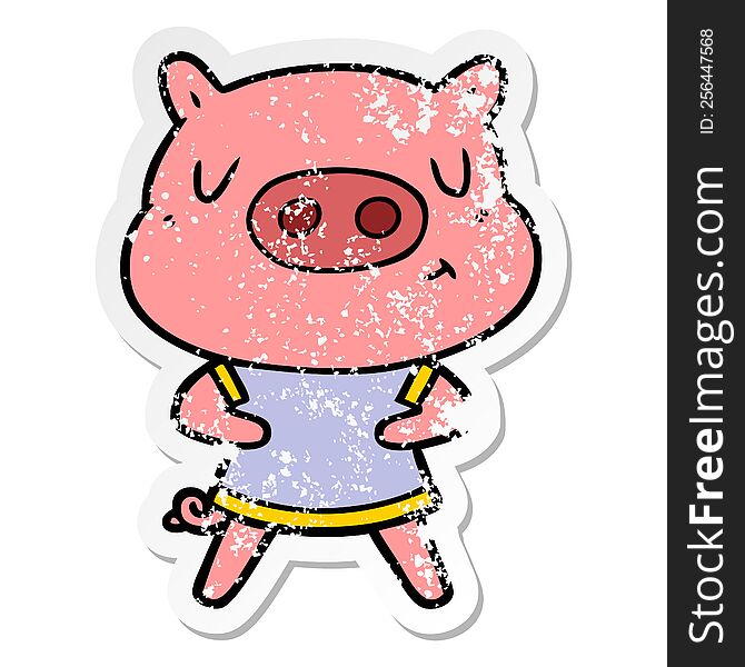 distressed sticker of a cartoon content pig wearing t shirt