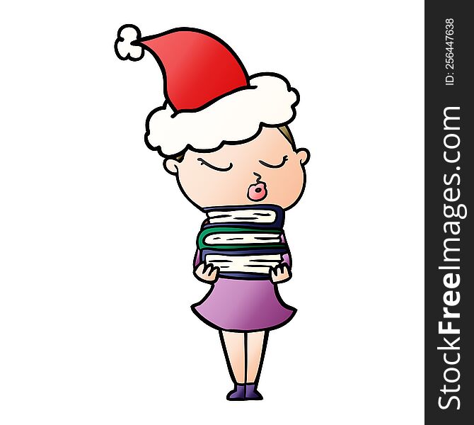 hand drawn gradient cartoon of a calm woman wearing santa hat