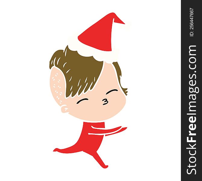 hand drawn flat color illustration of a girl in onesie wearing santa hat