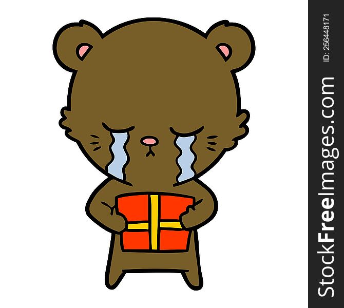 crying cartoon bear with present. crying cartoon bear with present
