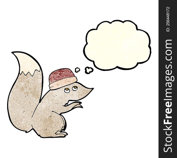 cartoon squirrel wearing hat with thought bubble