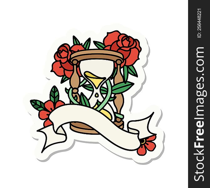 tattoo style sticker with banner of an hour glass and flowers