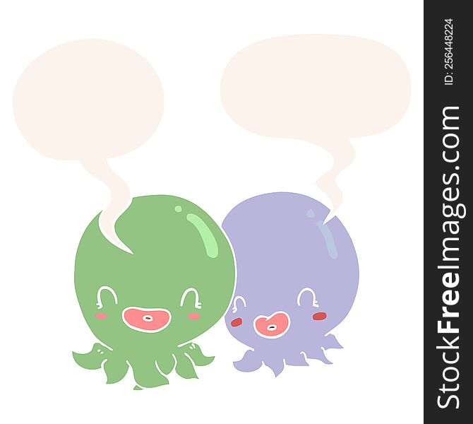 Two Cartoon Octopi  And Speech Bubble In Retro Style