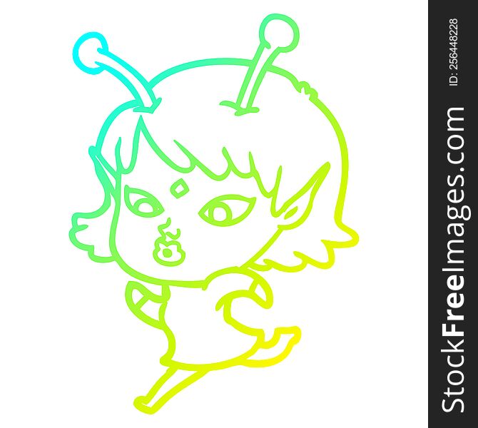 Cold Gradient Line Drawing Pretty Cartoon Alien Girl Running
