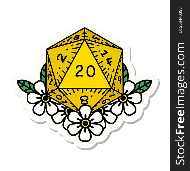 sticker of tattoo in traditional style of a d20. sticker of tattoo in traditional style of a d20