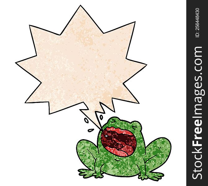 cartoon frog shouting with speech bubble in retro texture style