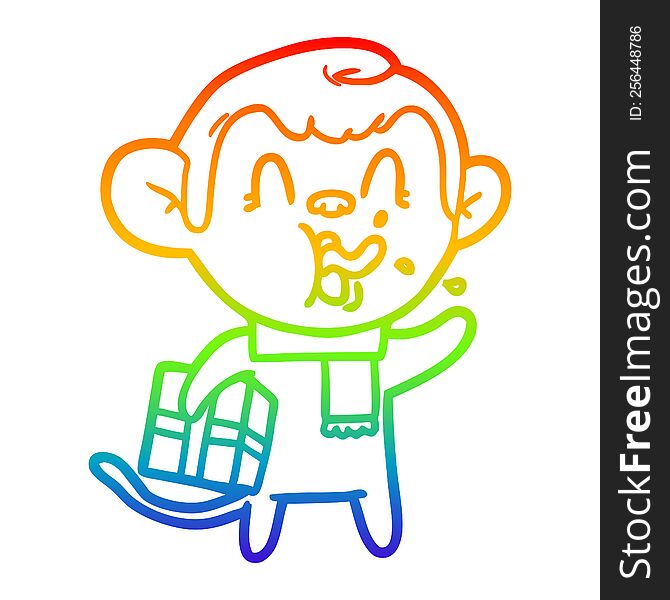 Rainbow Gradient Line Drawing Crazy Cartoon Monkey With Christmas Present