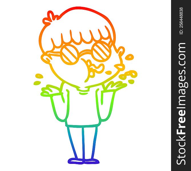 Rainbow Gradient Line Drawing Cartoon Boy Wearing Spectacles Shrugging Shoulders