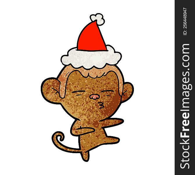 hand drawn textured cartoon of a suspicious monkey wearing santa hat