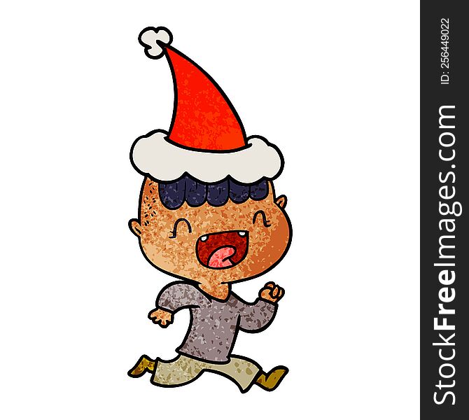 hand drawn textured cartoon of a happy boy laughing and running away wearing santa hat