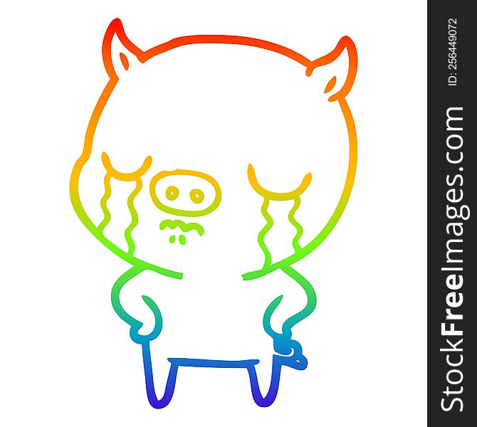 rainbow gradient line drawing cartoon pig crying with hands on hips