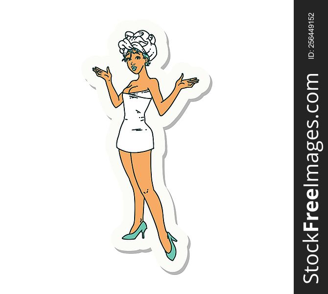 sticker of tattoo in traditional style of a pinup girl in towels. sticker of tattoo in traditional style of a pinup girl in towels